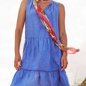 J. McLaughlin Blue Linen Tiered Sleeveless Dress